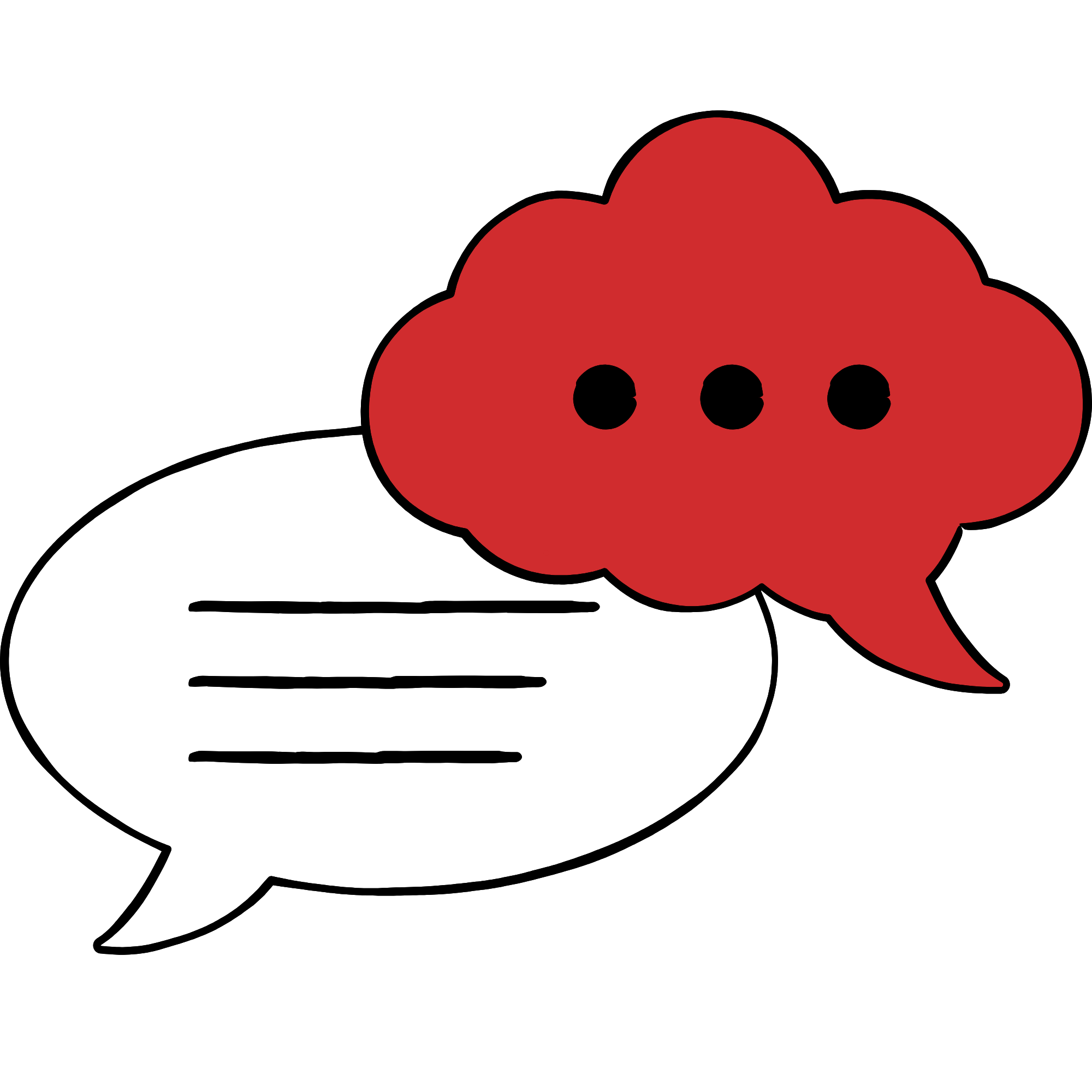 Black speech bubble containing white horizontal lines and red cloud with black dots inside.