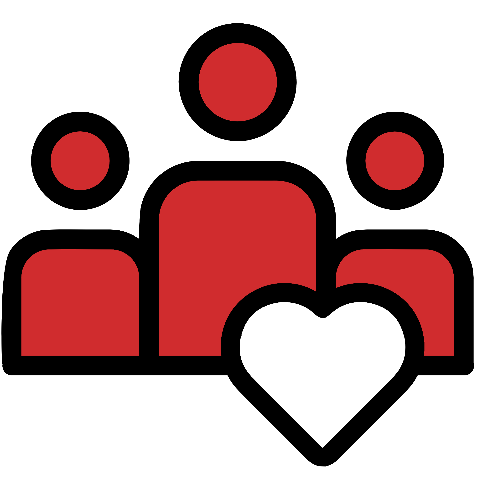 Stylized illustration of a group of people, with a large red heart at the center, against a black background.