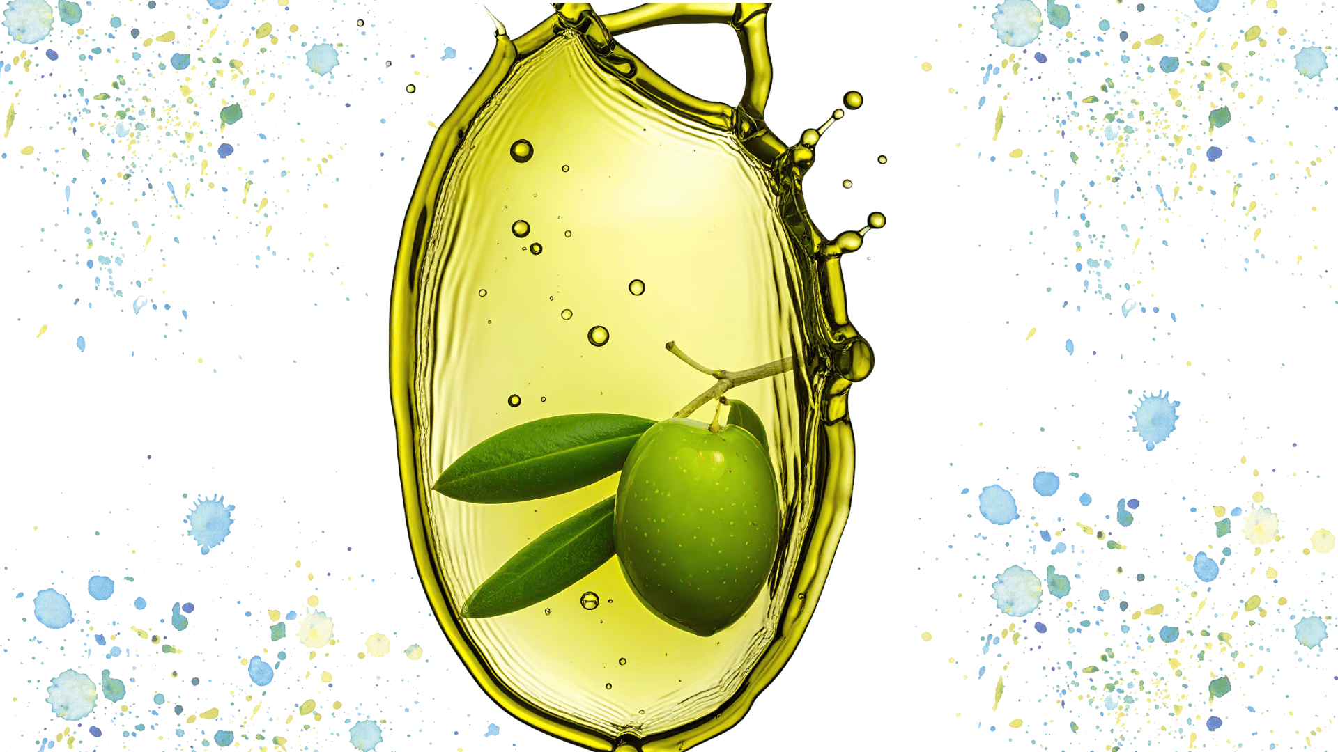 OliveByNature: A splash of olive green oil with an olive branch and olive inside the oil splash, against a white background with blue and yellow paint splatters.