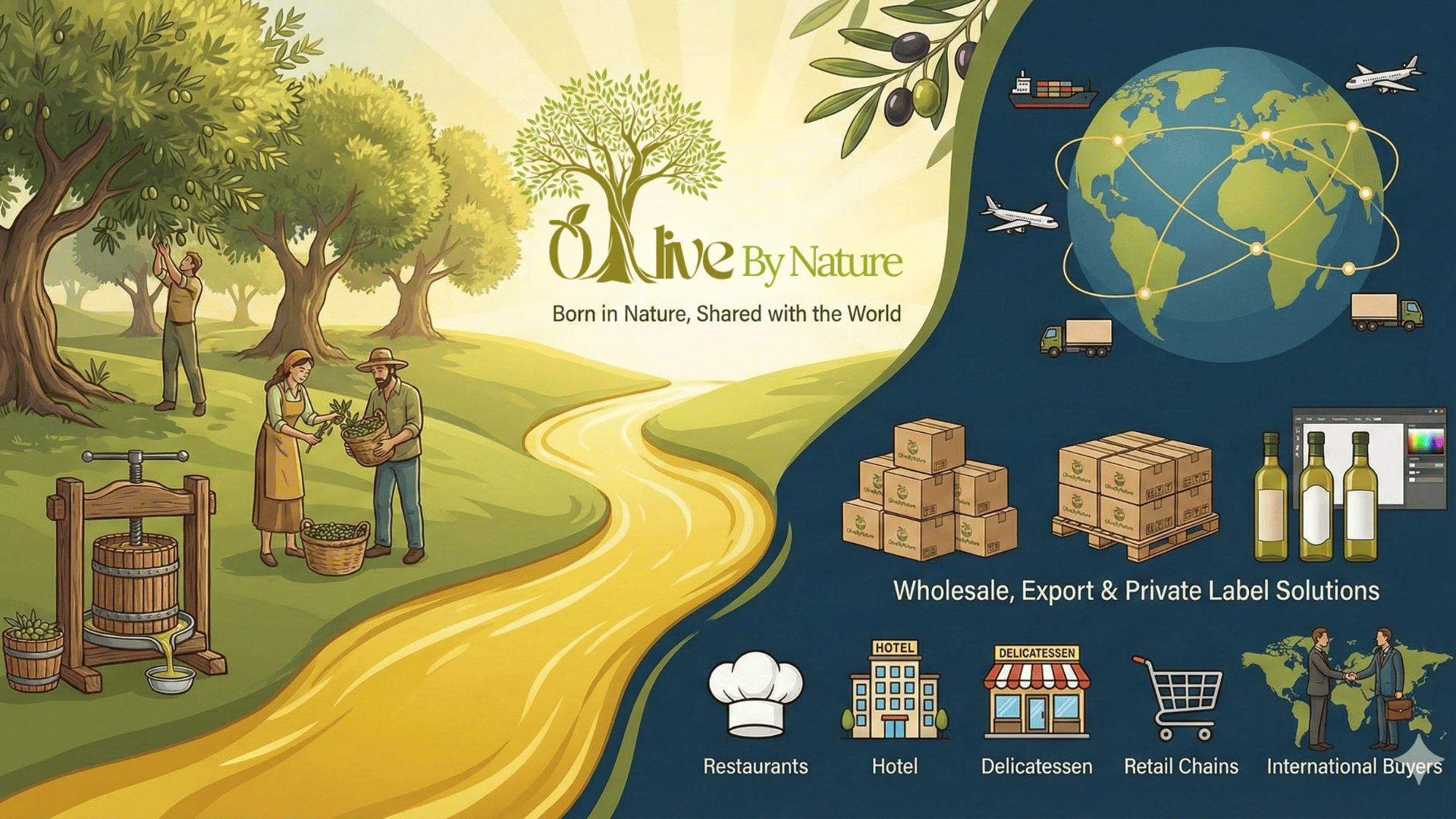 Illustration of with harvesters picking fruit,  On the right side, images of global shipping, packaging, and product branding, with icons representing restaurants, hotels, delicatessens, retail chains, and international buyers, emphasizing organic and natural product sourcing and distribution.