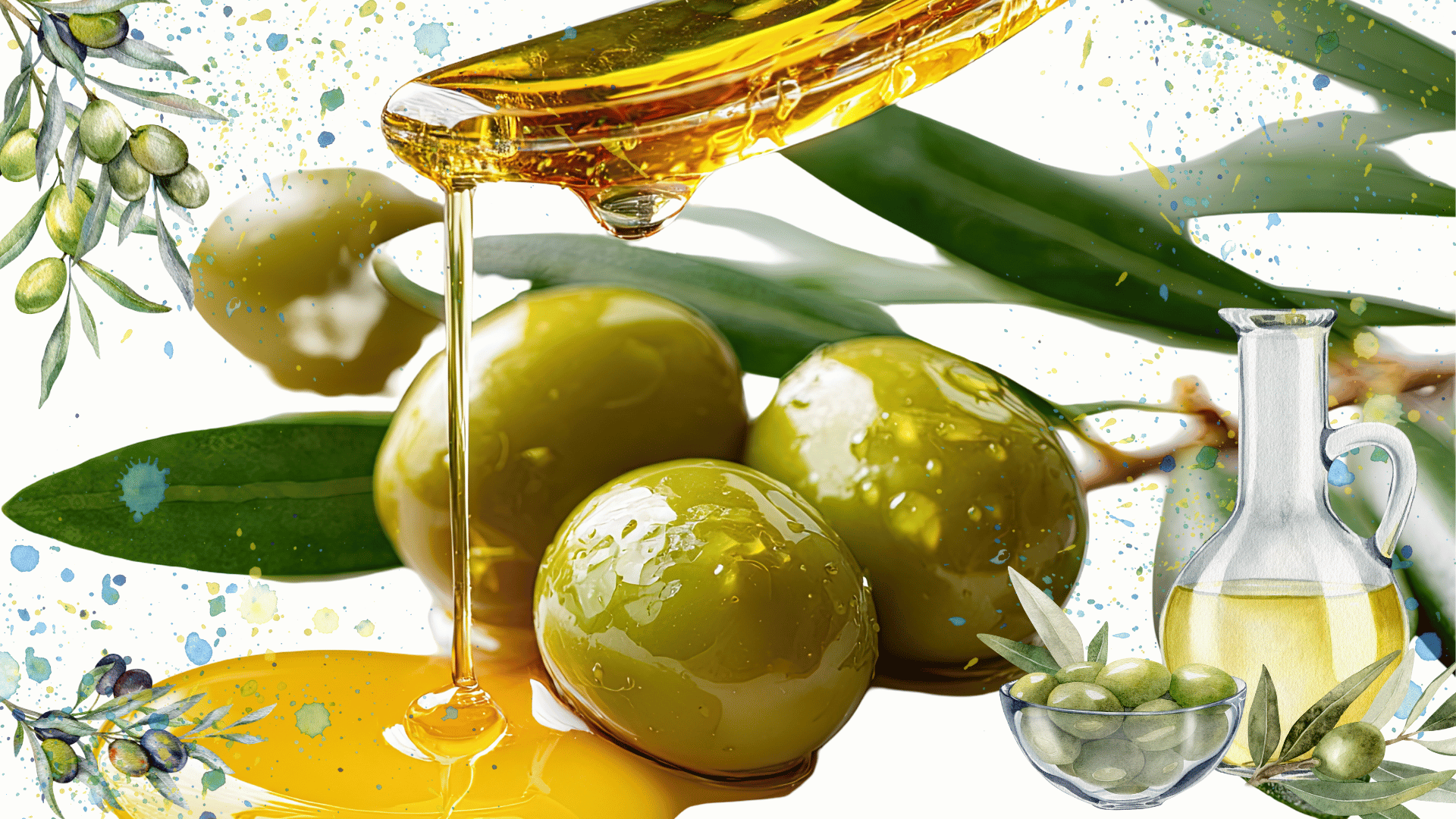 OliveByNature : Olives, olive oil, and olive branches with leaves