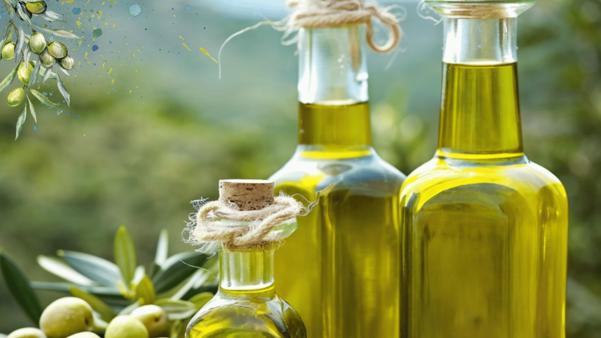 Several glass bottles filled with OliveByNature olive oil, some with cork stoppers and tied with string, arranged outdoors with olive branches and green olives around them.