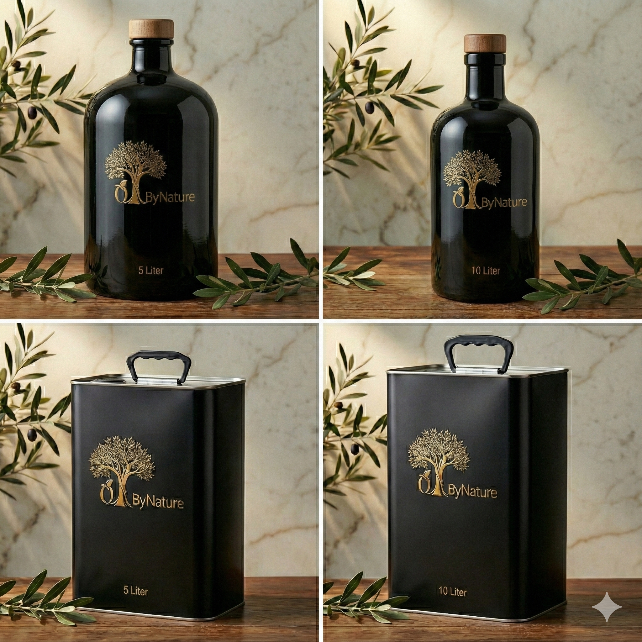 OliveByNature Four containers with a black finish and gold logo of a tree, labeled 'ByNature' and capacity '5 Liter' or '10 Liter', displayed on a wooden surface with greenery, against a marble background.