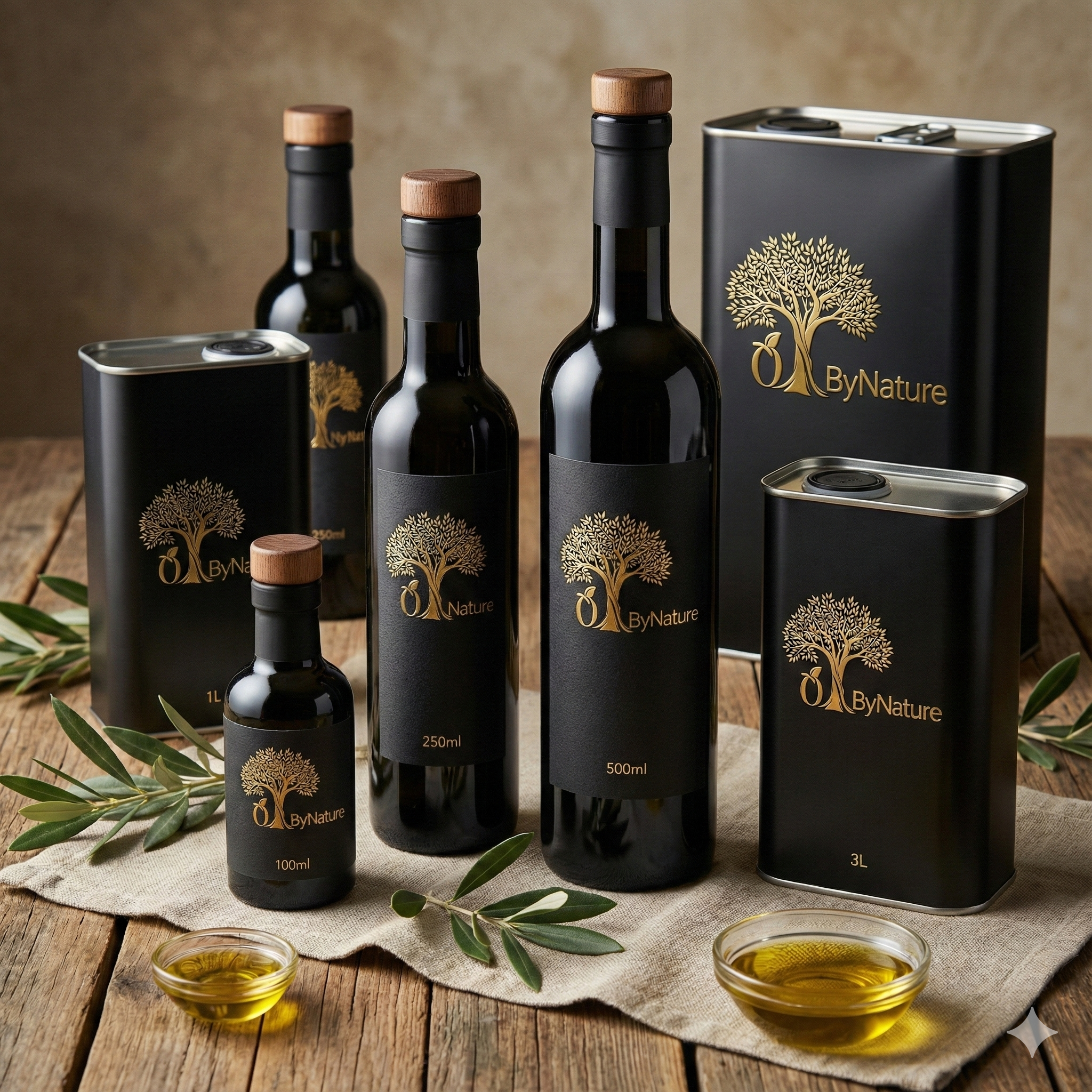 Assorted bottles and tins of olive oil with gold labeling, some with wooden caps, arranged on a rustic wooden surface with olive branches and small bowls of olive oil