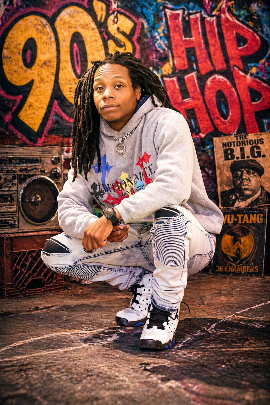 A young man with dreadlocks squatting in front of a colorful graffiti background, wearing a gray hoodie, ripped jeans, and white sneakers, with a large boombox and hip-hop posters behind him.