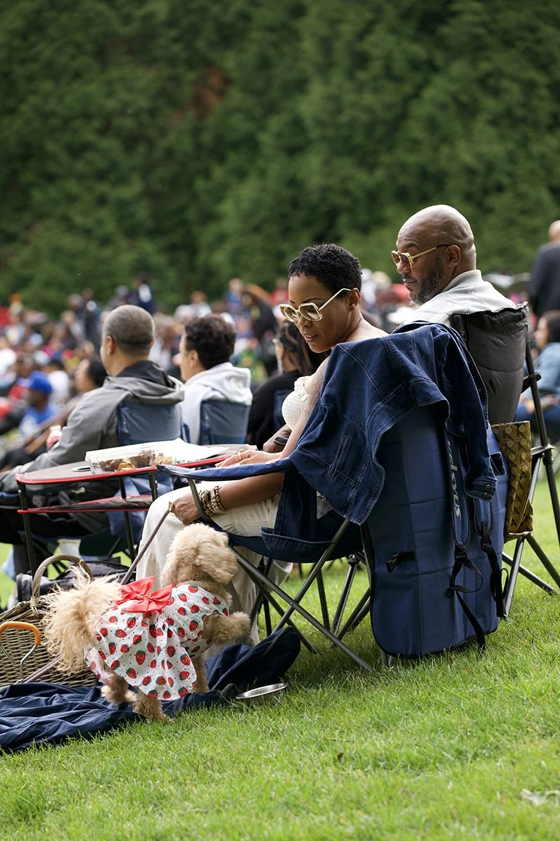 People sitting on grass at an outdoor event with a dog in a dress.
