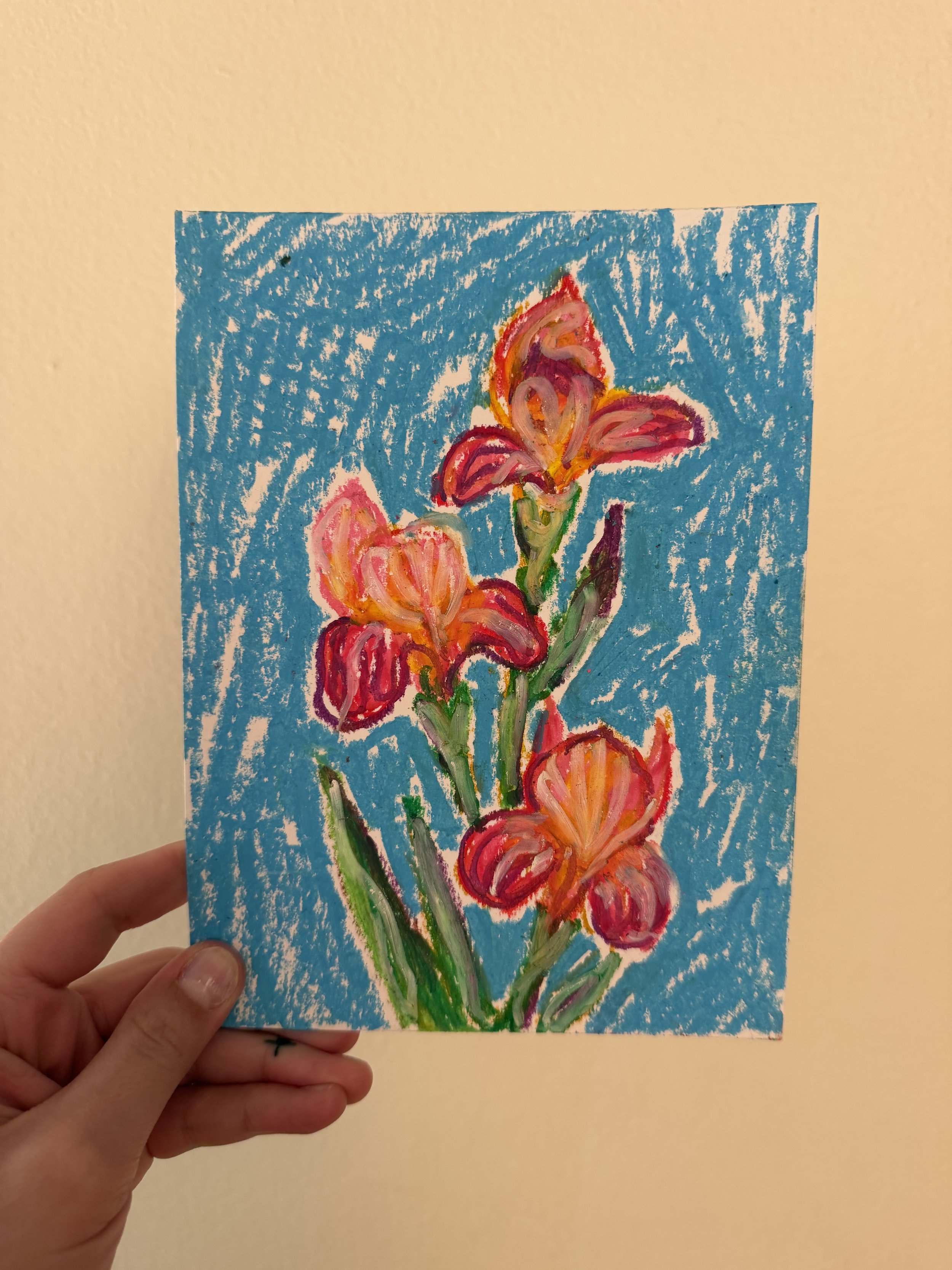 "pink irises" oil pastel