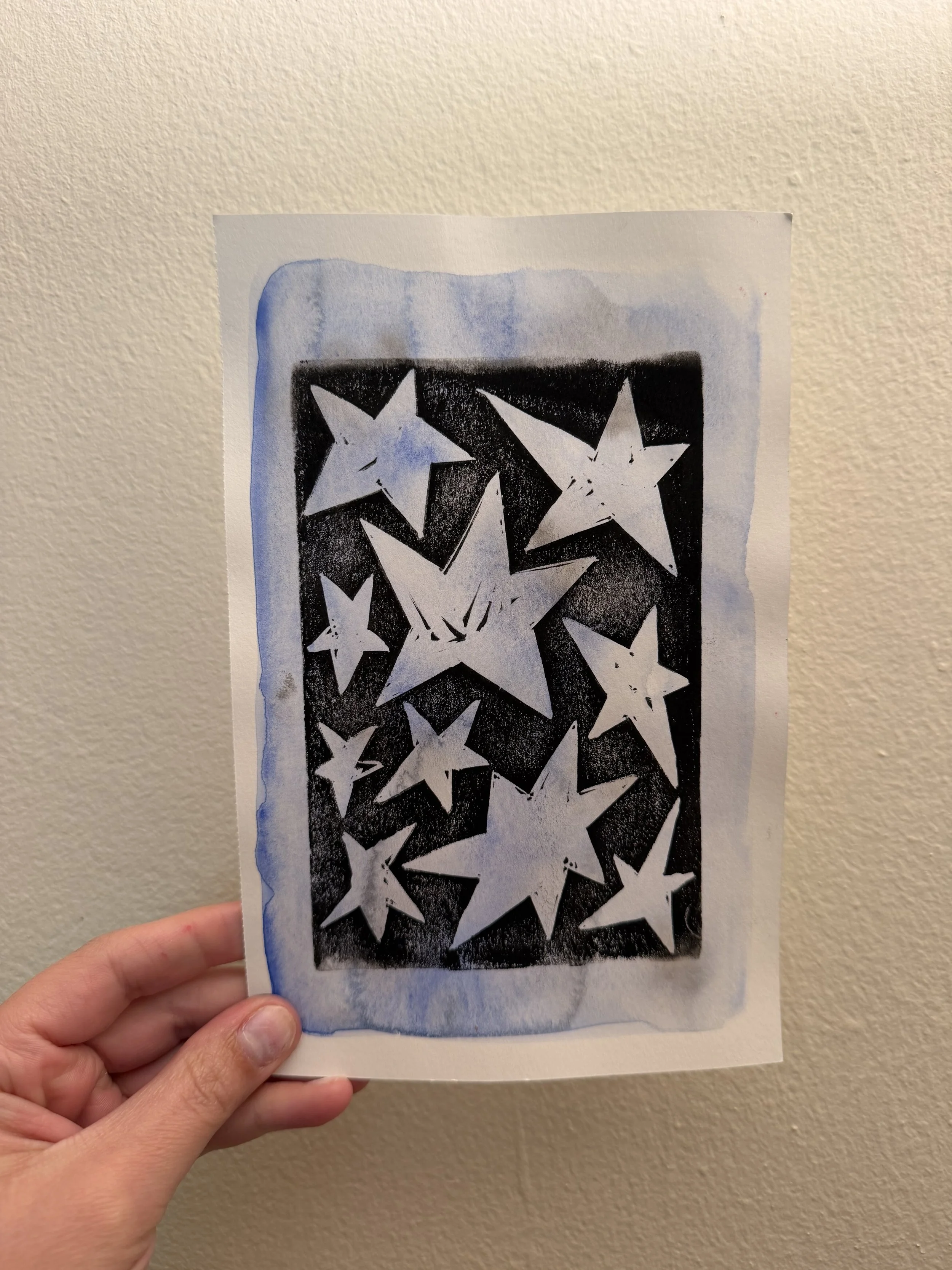 "stars" block print - blue watercolor