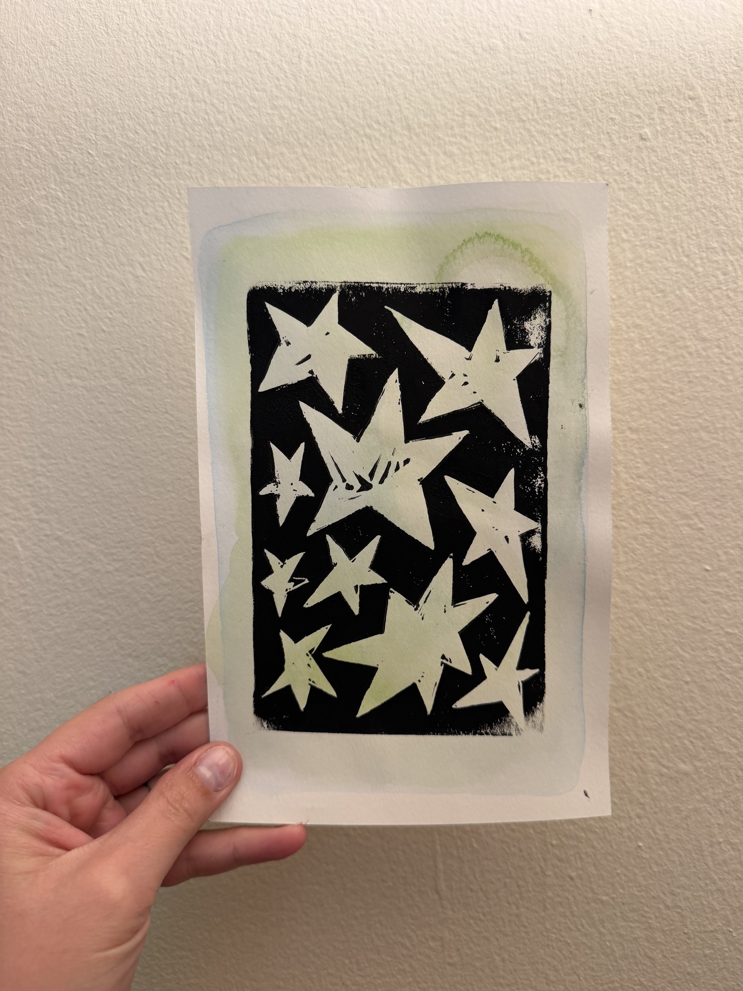 "stars" block print - blue green watercolor