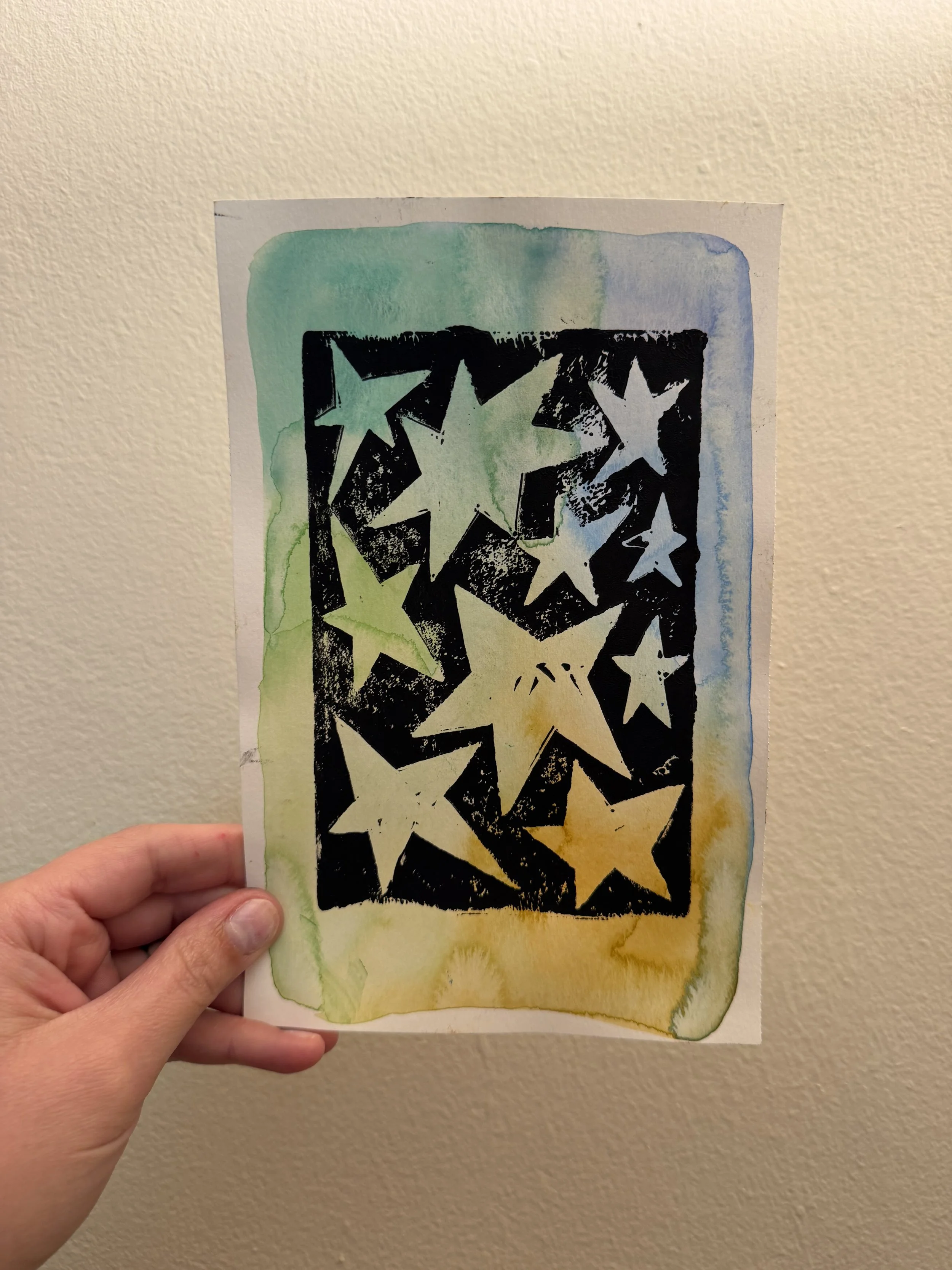 "stars" block print - blue green gold watercolor