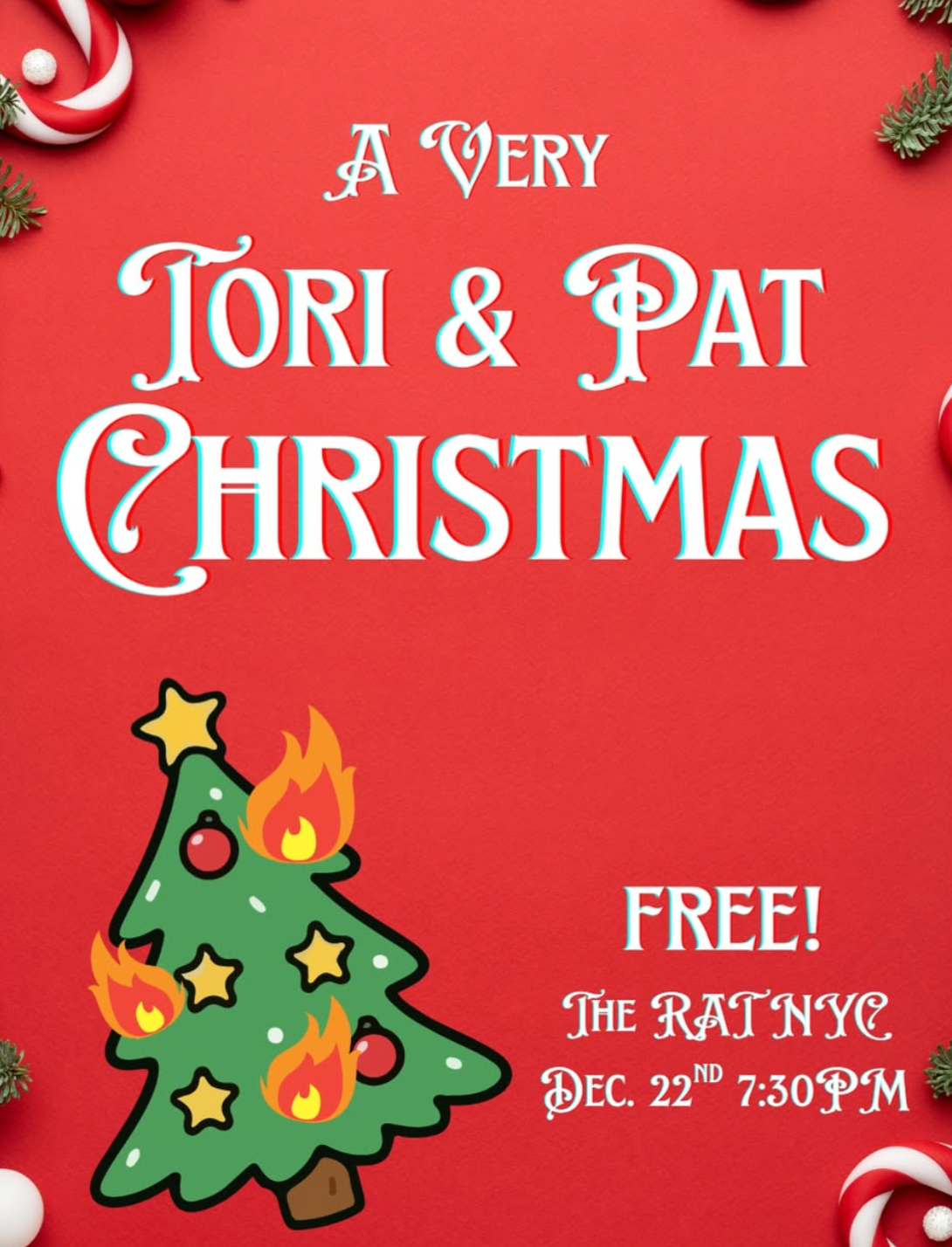 Holiday themed invitation with red background, decorated with candy canes and evergreen branches. Features a stylized Christmas tree with ornaments and flames, and text promoting a Christmas event for Tori and Pat on December 22nd at 7:30 PM at The Rat NYC, indicating it is free.