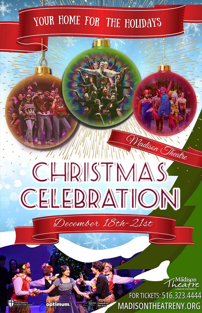 Christmas event poster for Madison Theatre with holiday-themed ornaments, colorful dancers, and event details from December 18th to 21st.