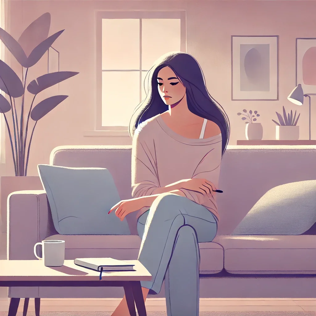 Jeune femme assise seule dans son salon, plongée dans ses pensées, représentant le questionnement intérieur et le cheminement personnel avant un accompagnement thérapeutique.