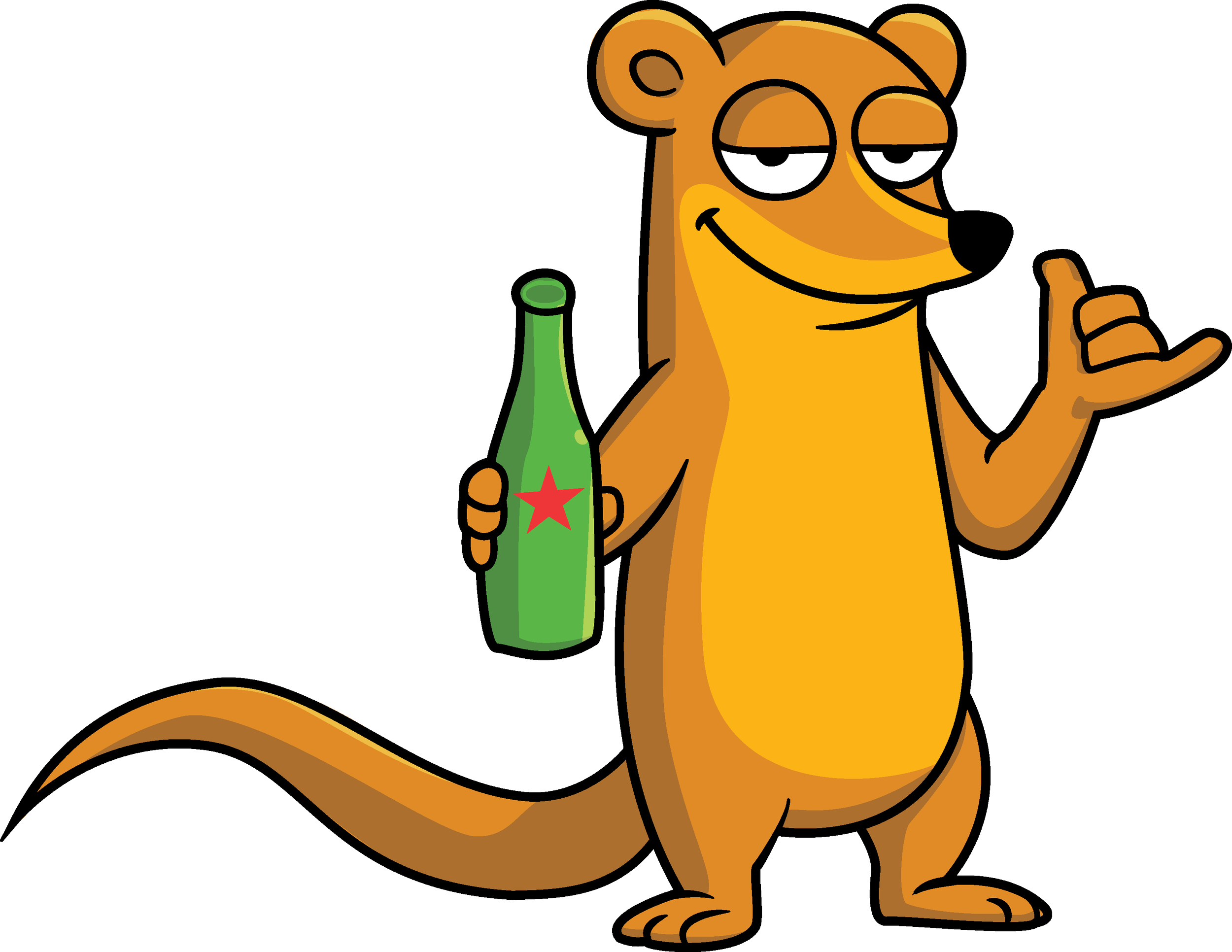 An animated anthropomorphic kangaroo character with a smug expression, holding a green bottle with a red star, making a shaka sign with one hand.