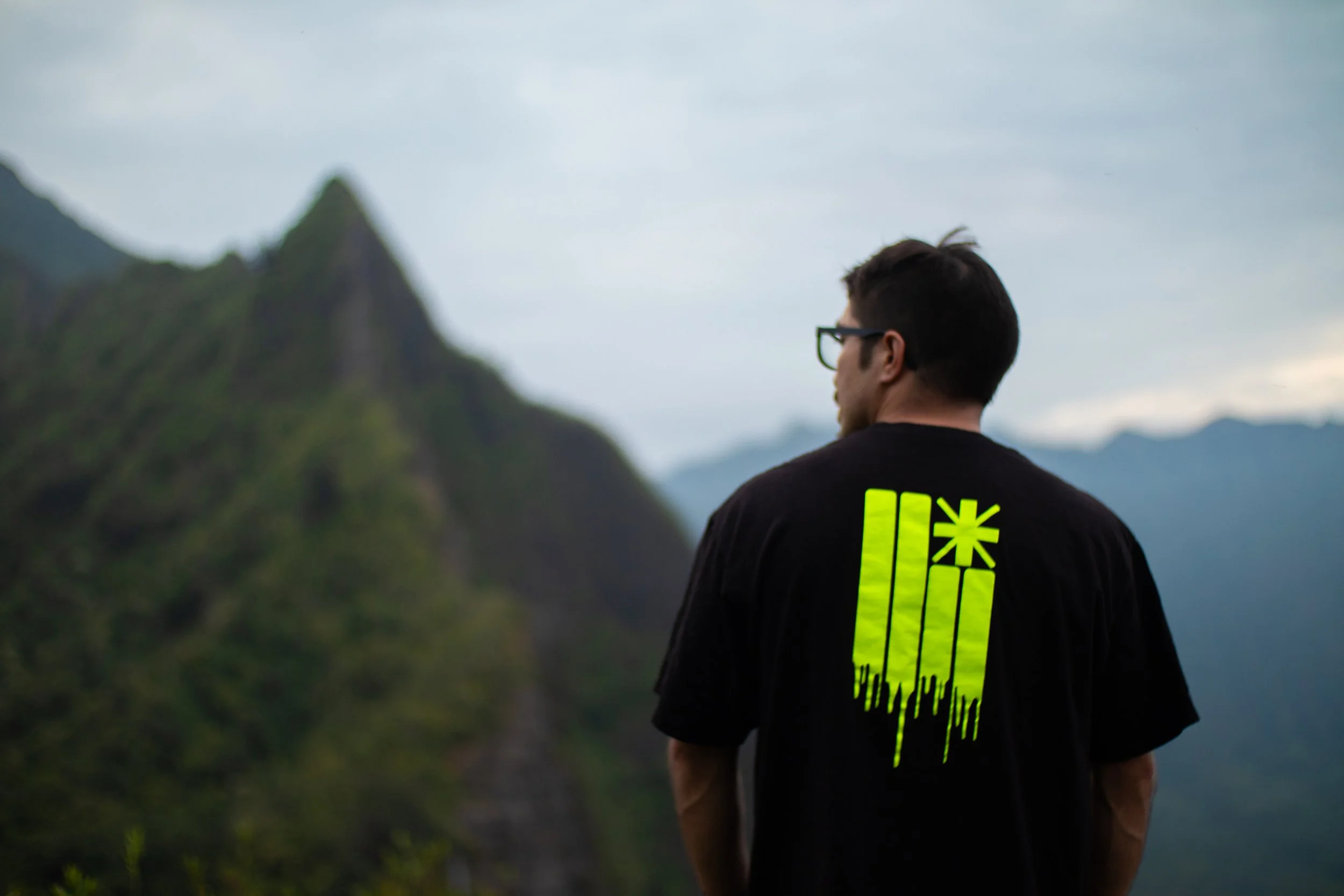Person with dark hair and glasses looking at a mountain landscape with lush green peaks, wearing a black T-shirt with bright green graphic on the back.