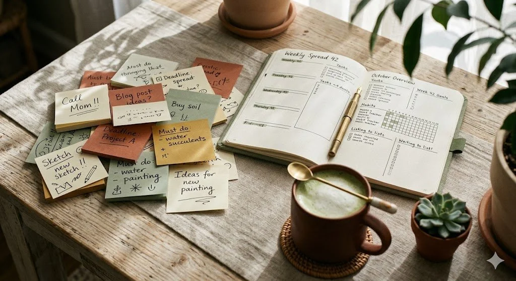 Ein Stapel unordentlicher, handgeschriebener Notizzettel und ein umgedrehtes Smartphone auf einem Schreibtisch, Boho-Stil.