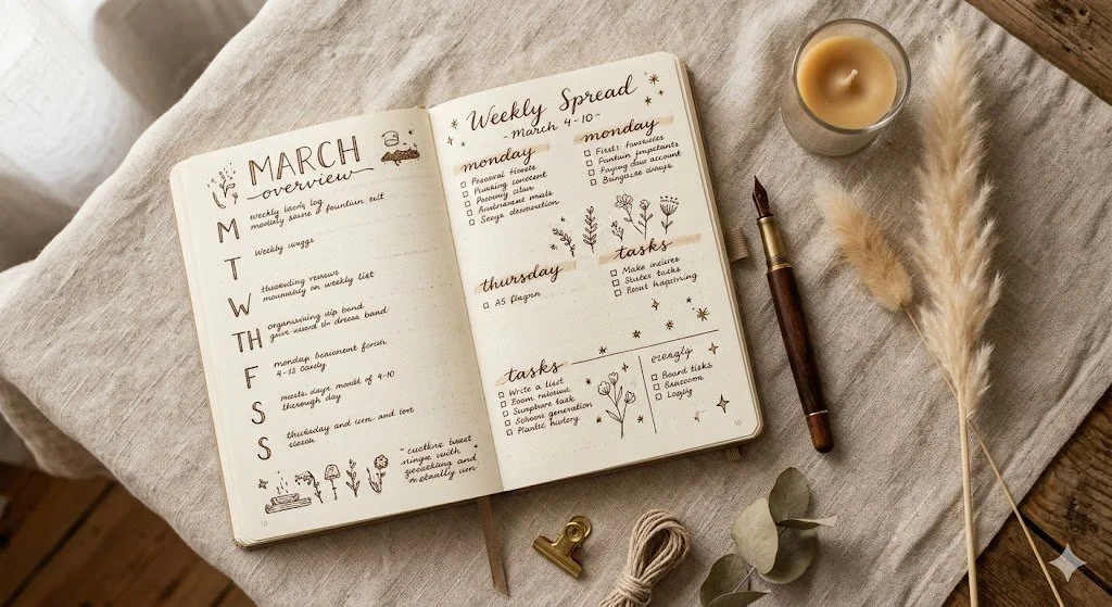 Ein aufgeschlagenes Notizbuch mit handgeschriebenen Notizen und einem Füller auf einem gemütlichen Leinentuch, Boho-Stil.