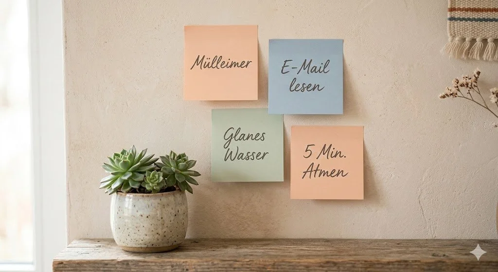 Eine Detailaufnahme von Post-it-Notizen an einer Wand, die mit kleinen Micro-Steps beschriftet sind, Boho-Stil.