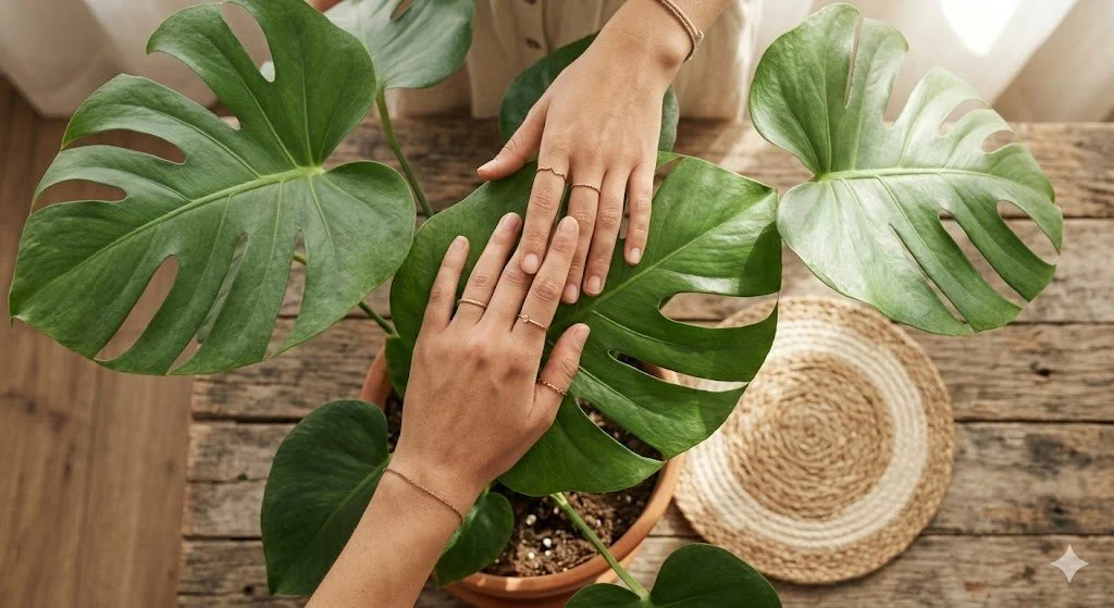 Eine Hand berührt sanft die Blätter einer Zimmerpflanze, Sonnenlicht fällt darauf, Boho-Stil, Detailaufnahme.