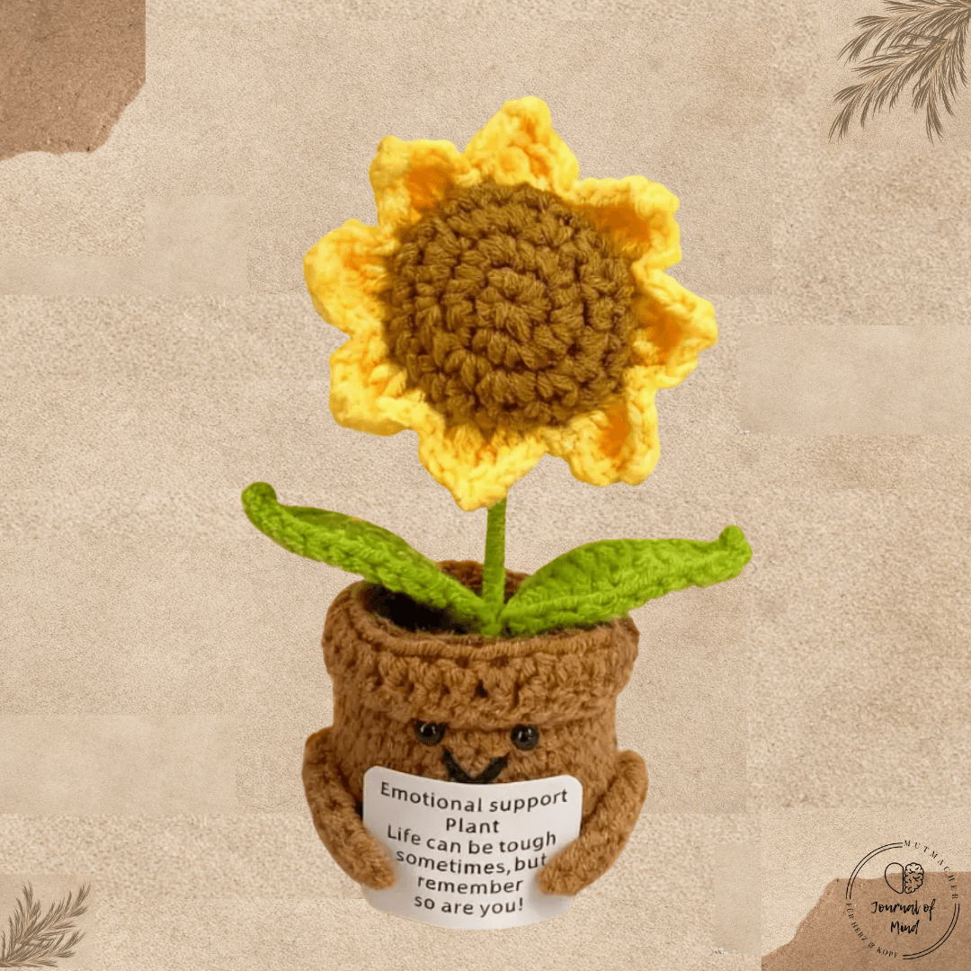Emotional Support Plant – Häkel-Sonnenblume & Mutmacher