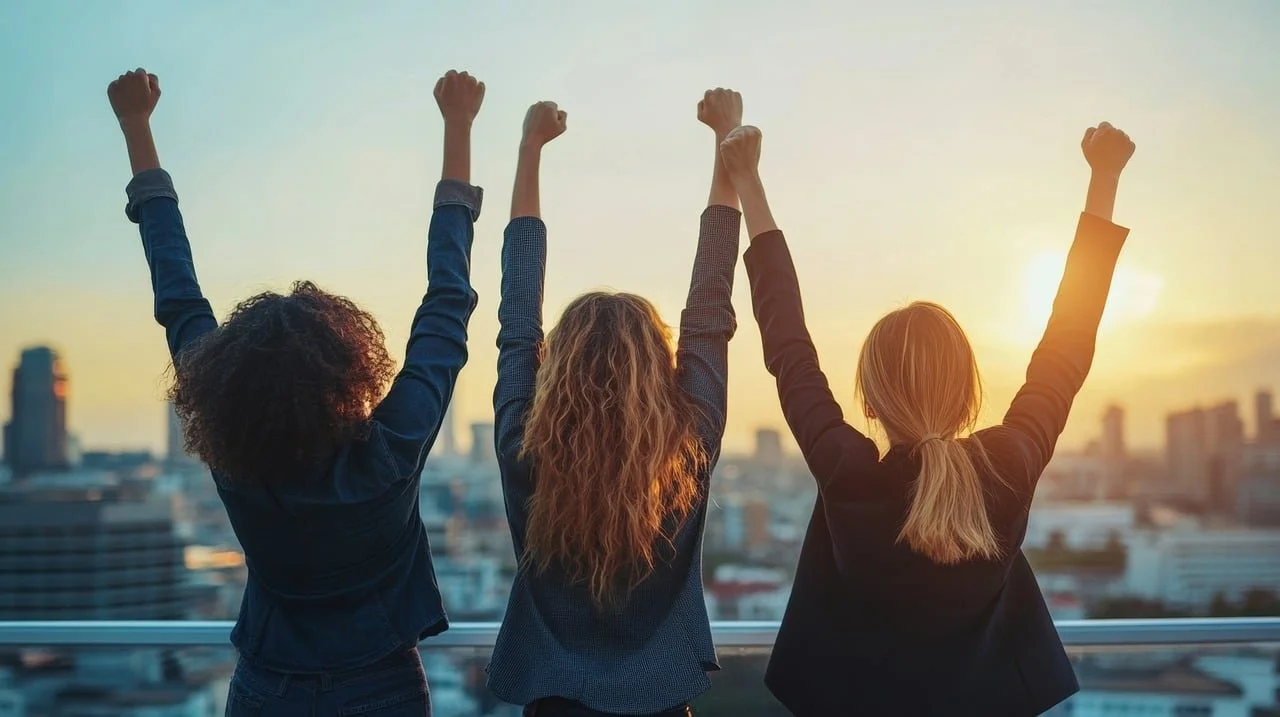 Three women with raised fists standing on a rooftop at sunset, overlooking a city skyline.