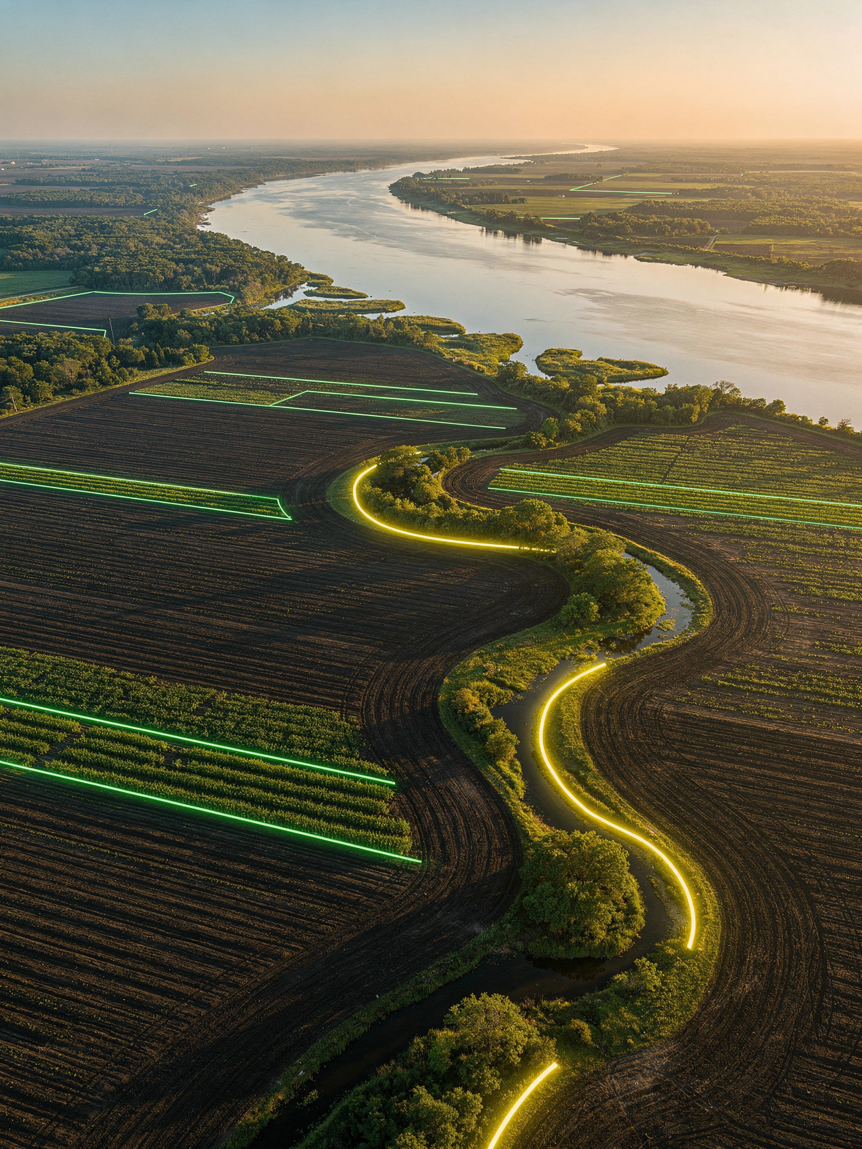 Aerial view of a river winding through farmland at sunset, with fields outlined by glowing green and yellow lines