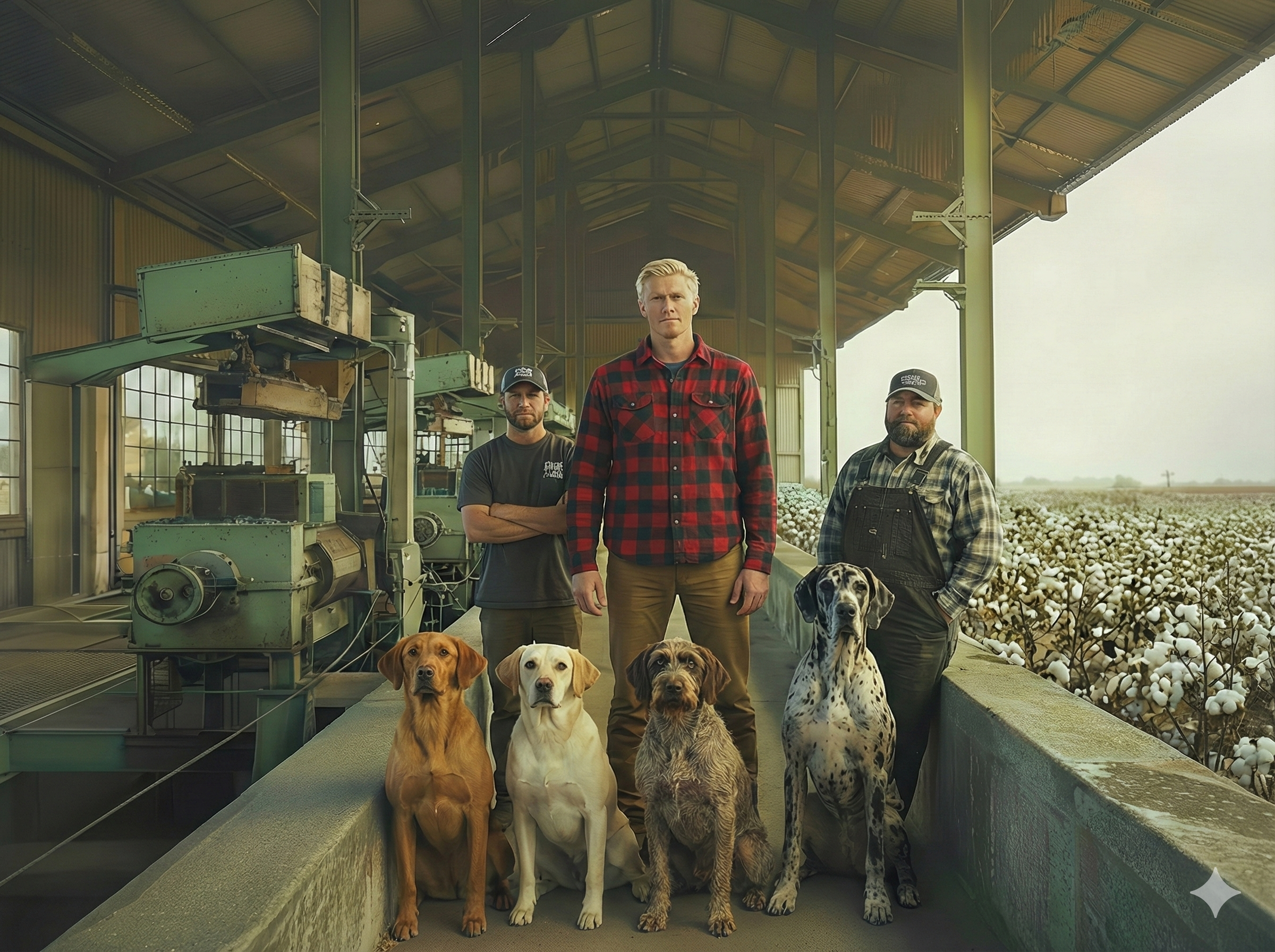 Three men and four dogs standing inside a barn with cotton plants outside. The men look serious, and the dogs are sitting calmly in front of them.