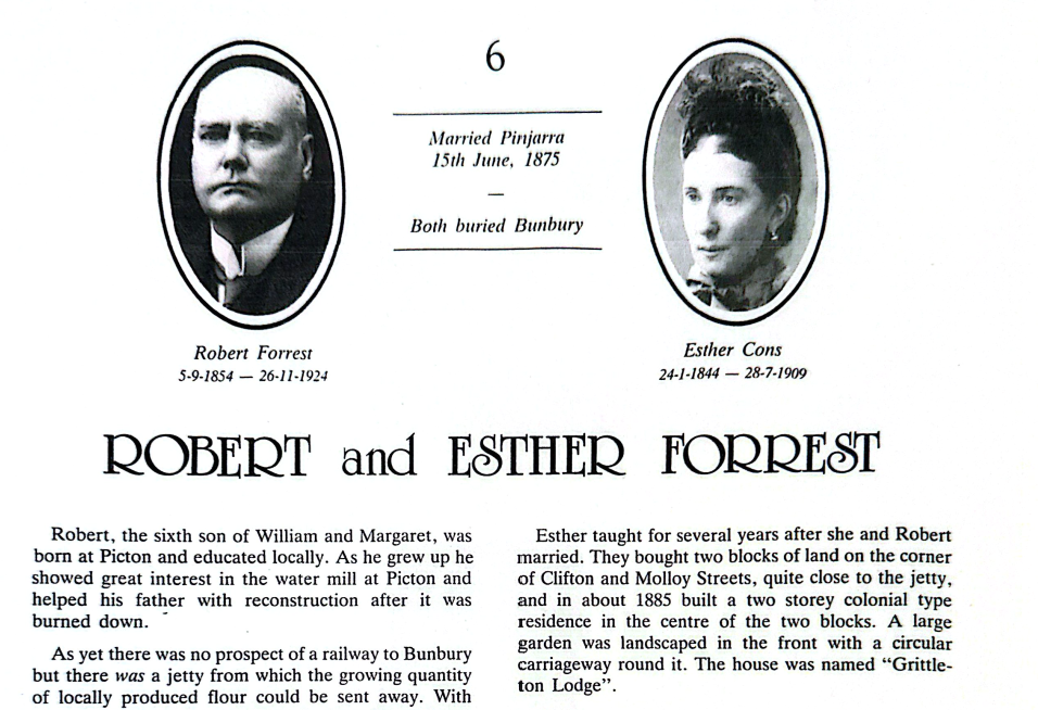 Black and white memorial for Robert Forrest and Esther Cons, featuring portraits and birth/death dates, with brief biographical text.