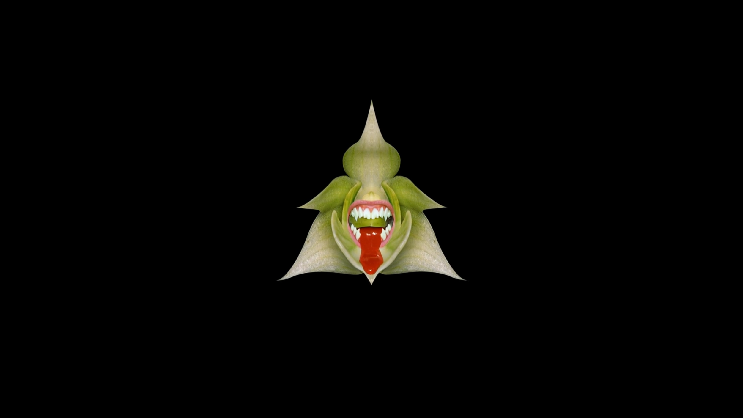 A surreal, fantastical composition featuring a green plant with a face, sharp teeth, a long red tongue, surrounded by multiple leaf-like structures, on a black background.