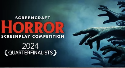 Poster for Screencraft Horror Screenplay Competition 2024 Quarterfinalists, featuring dark blue background with reaching zombie-like hands.