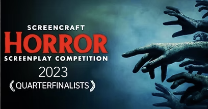Poster for Screencraft Horror Screenplay Competition 2023 quarterfinalists, featuring dark green background and black hands reaching out