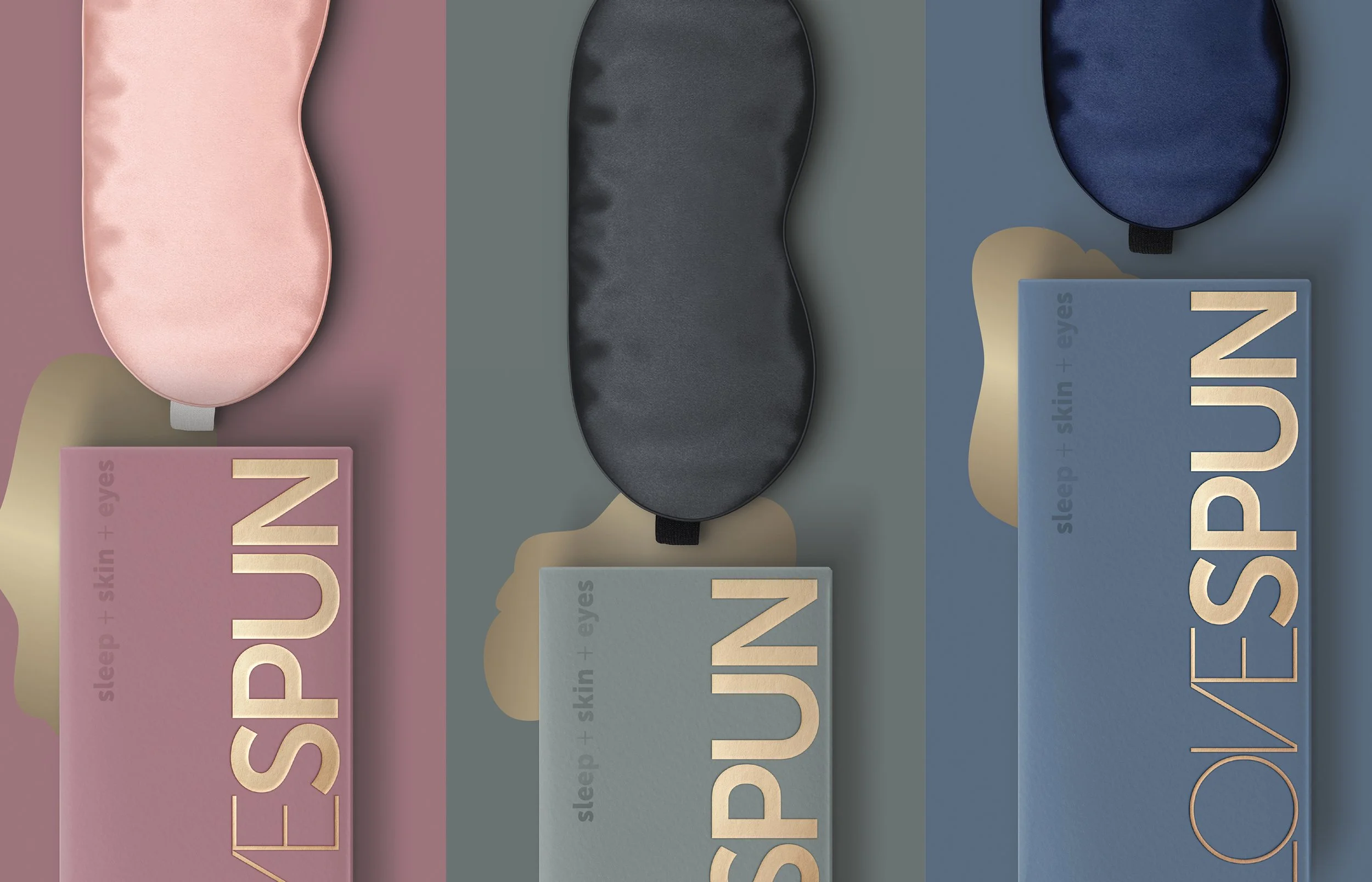 Three collage picture of Lovespun silk eye mask with range of colors of pink, black and navy along with it’s product packaging.