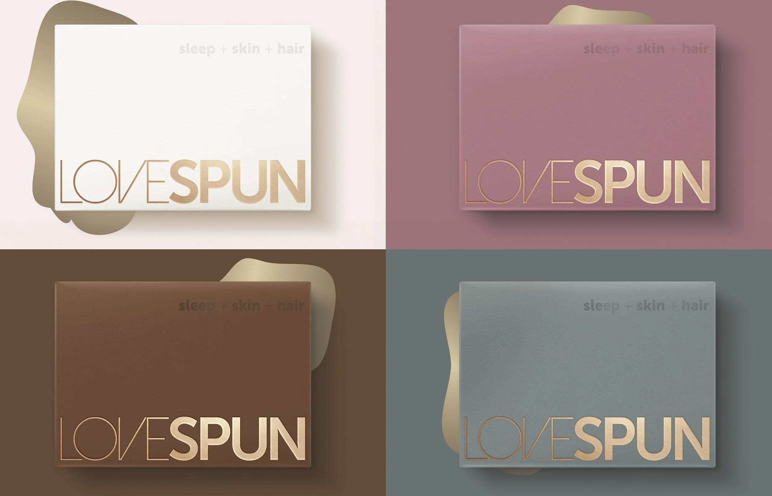 Four collage picture of Lovespun packaging with colors of white, pink, brown and grey.