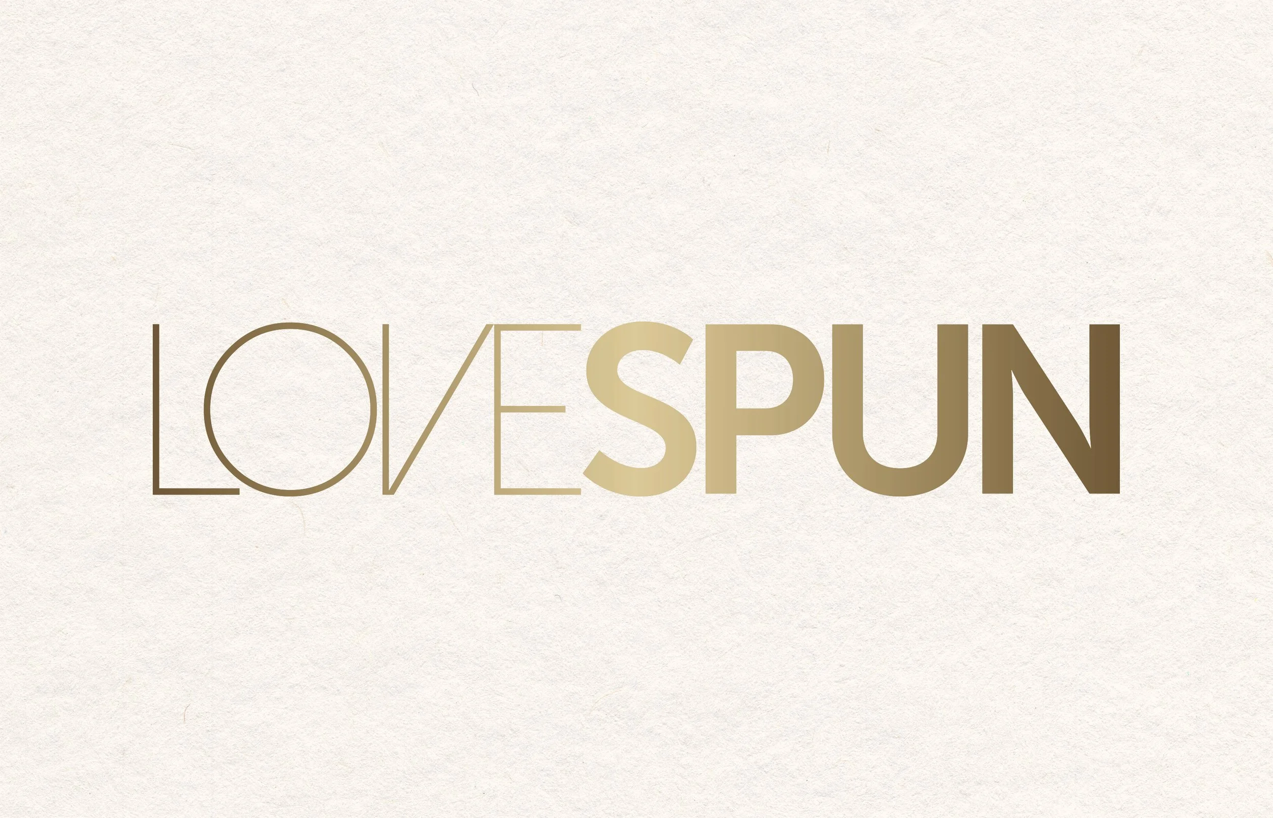 Lovespun logo deisgn with beige textured background and gold color font