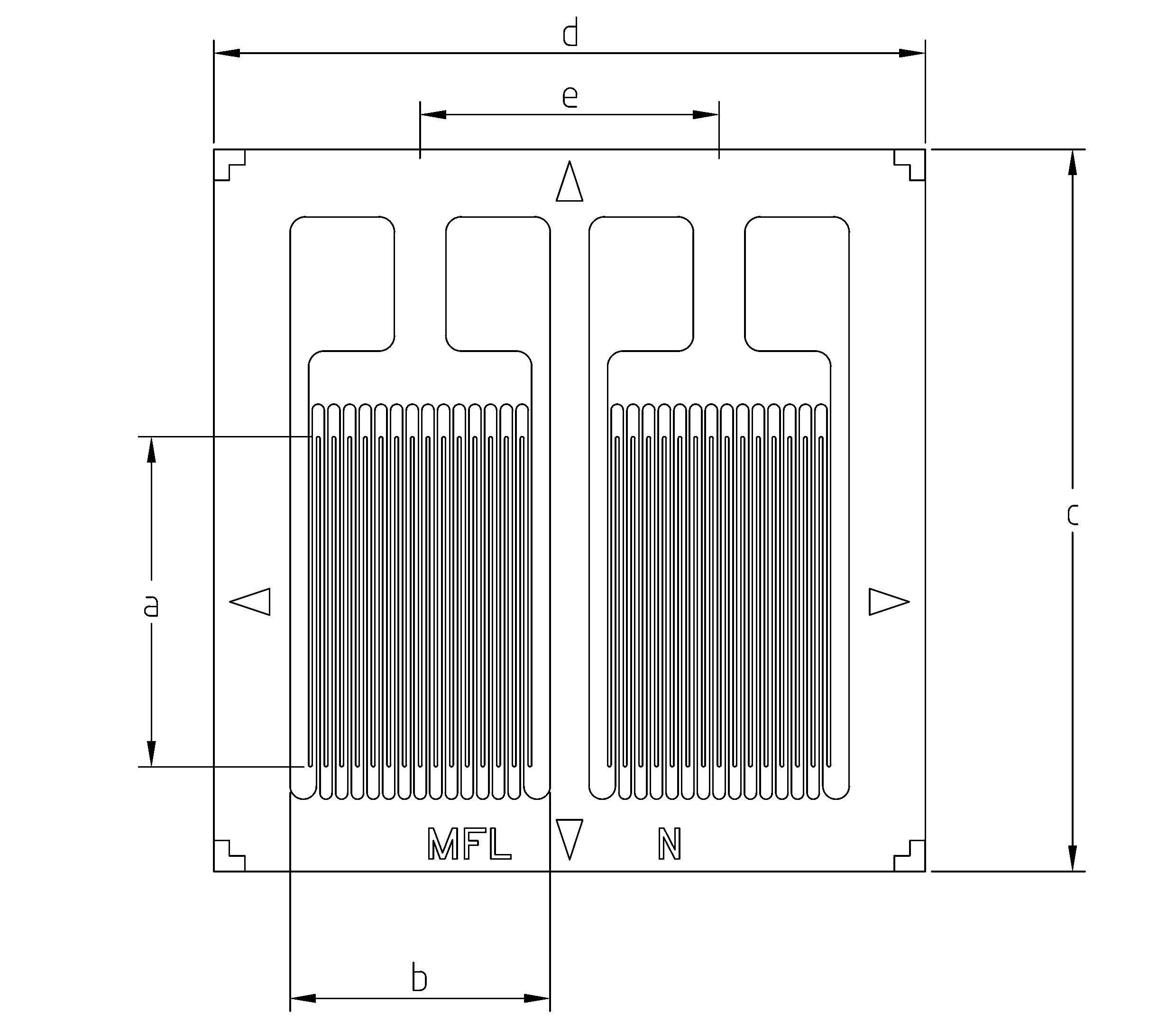Technical drawing of an electronic component or heatsink with labeled dimensions and markings for mounting.