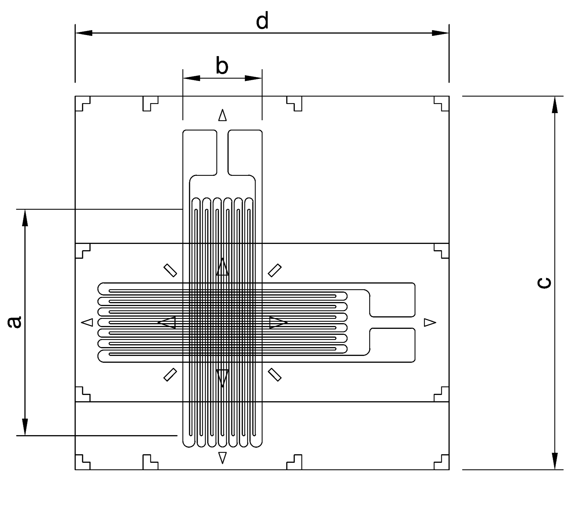 Technical drawing of a strain gauges with labeled dimensions a, b, c, and d.