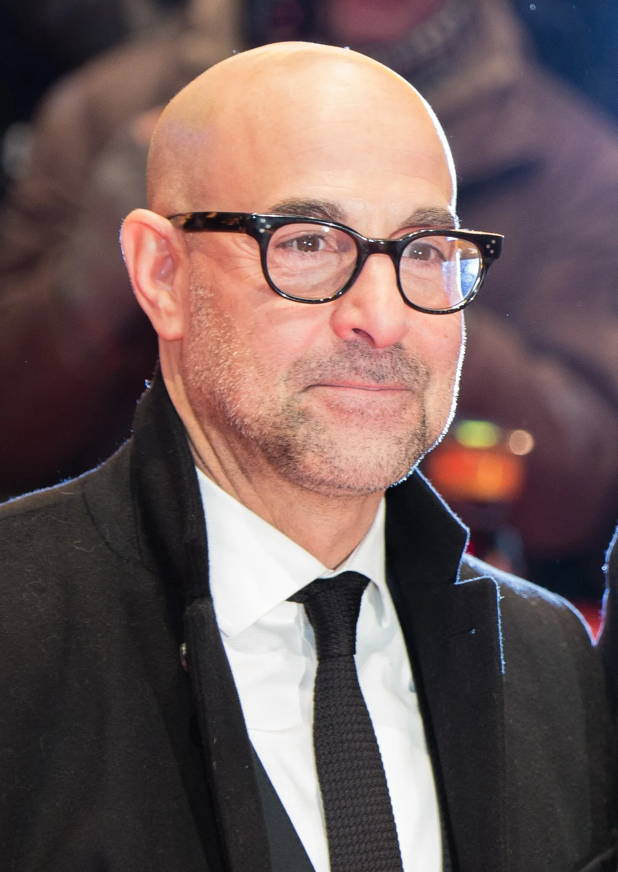 Close-up of Stanley Tucci wearing black-rimmed glasses, a black suit, white shirt, and black tie, smiling faintly at an indoor event. Possibly at the event where Stanley Tucci read the poem 'Borealis on the bay' written for the occasion by Jon Plunke