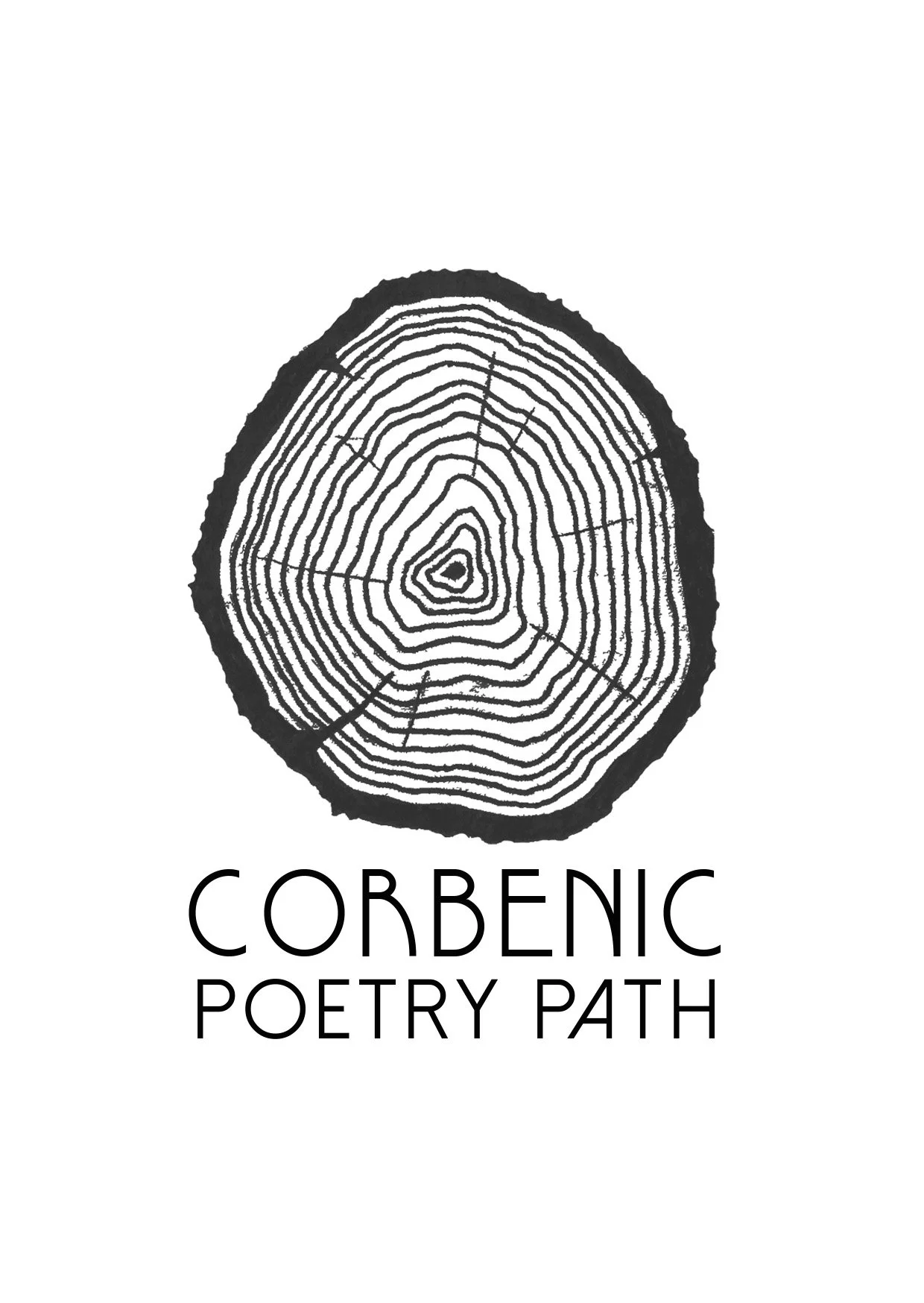 Black and white graphic of a tree ring cross-section with the words 'Corbenic Poetry Path' below. Official Corbenic Poetry Path logo created by Lindsay Turk for the public art and poetry walk founded by Jon Plunkett