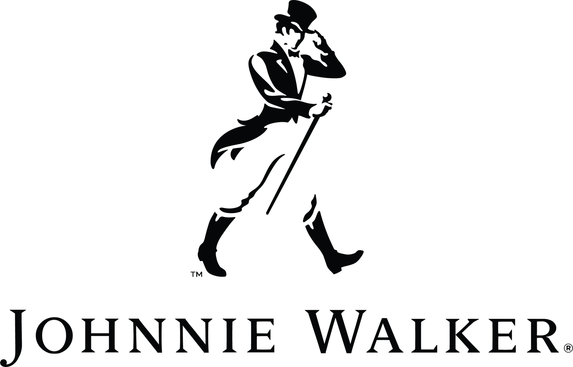 Black and white Johnnie Walker logo with a silhouette of a man in vintage attire walking with a cane, and the text "Johnnie Walker" beneath.