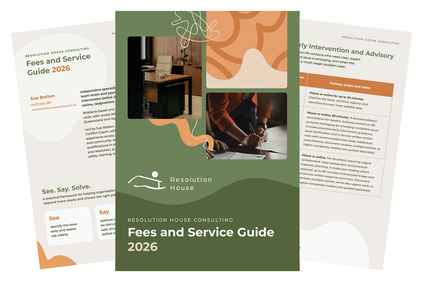 Cover page of 'Fees and Service Guide 2026' by Resolution House Consulting, with images of an office and a person signing documents, featuring abstract design elements and text about consultancy services and fees.