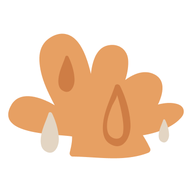 Cartoon illustration of a pile of cookies with crumbs and drips of milk.