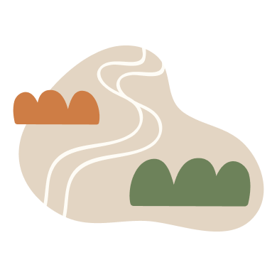 Abstract illustration of a winding path, with green bushes on one side and orange bushes on the other, on a beige background.