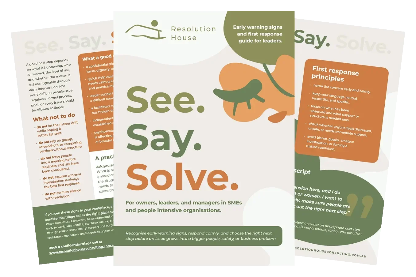 Cover of the 'See. Say. Solve.' guide providing early warning signs and first response principles for leaders in SMEs and organisations. Includes text on recognising early signs, responding calmly, and making appropriate next steps.