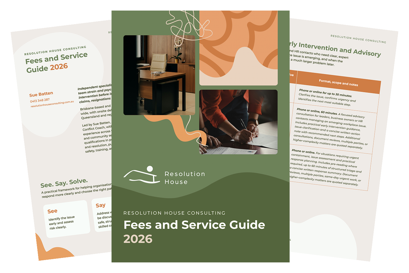 Cover page of 'Fees and Service Guide 2026' by Resolution House Consulting, with images of an office and a person signing documents, featuring abstract design elements and text about consultancy services and fees.