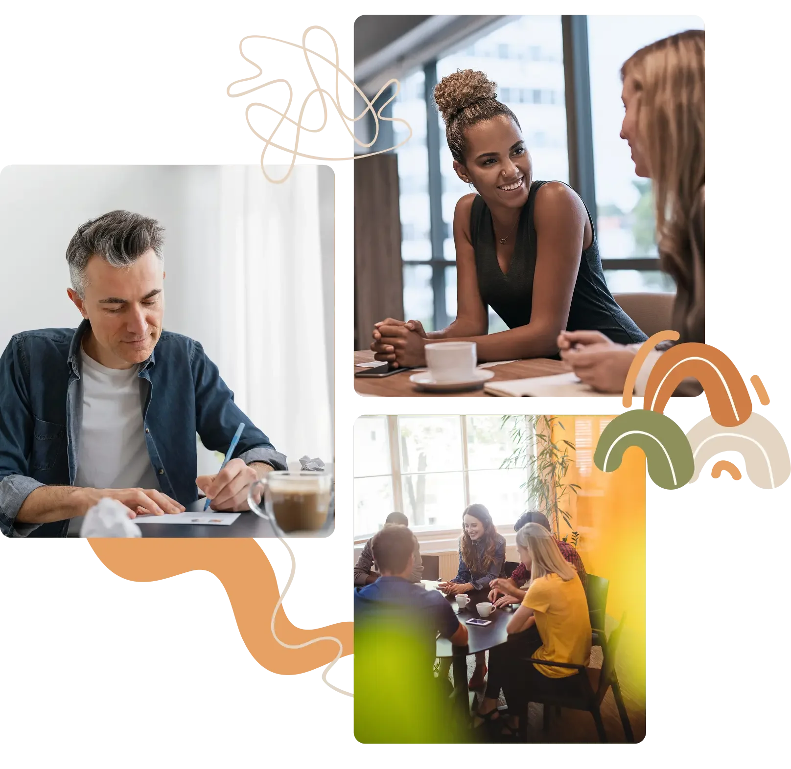 Three images showing a variety of workers, focusing on writing and having discussions