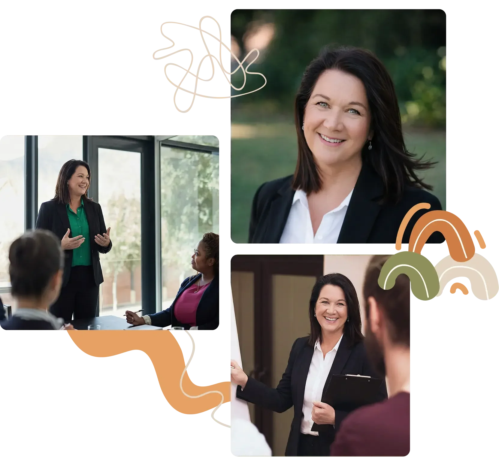 A woman in a black blazer and white shirt smiling during a presentation in a conference room with large windows. She is engaging with an audience, who are seated and listening attentively.