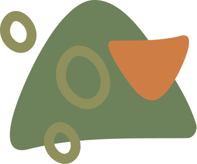 Abstract drawing of a green triangle with circles and an orange shape near the top right.