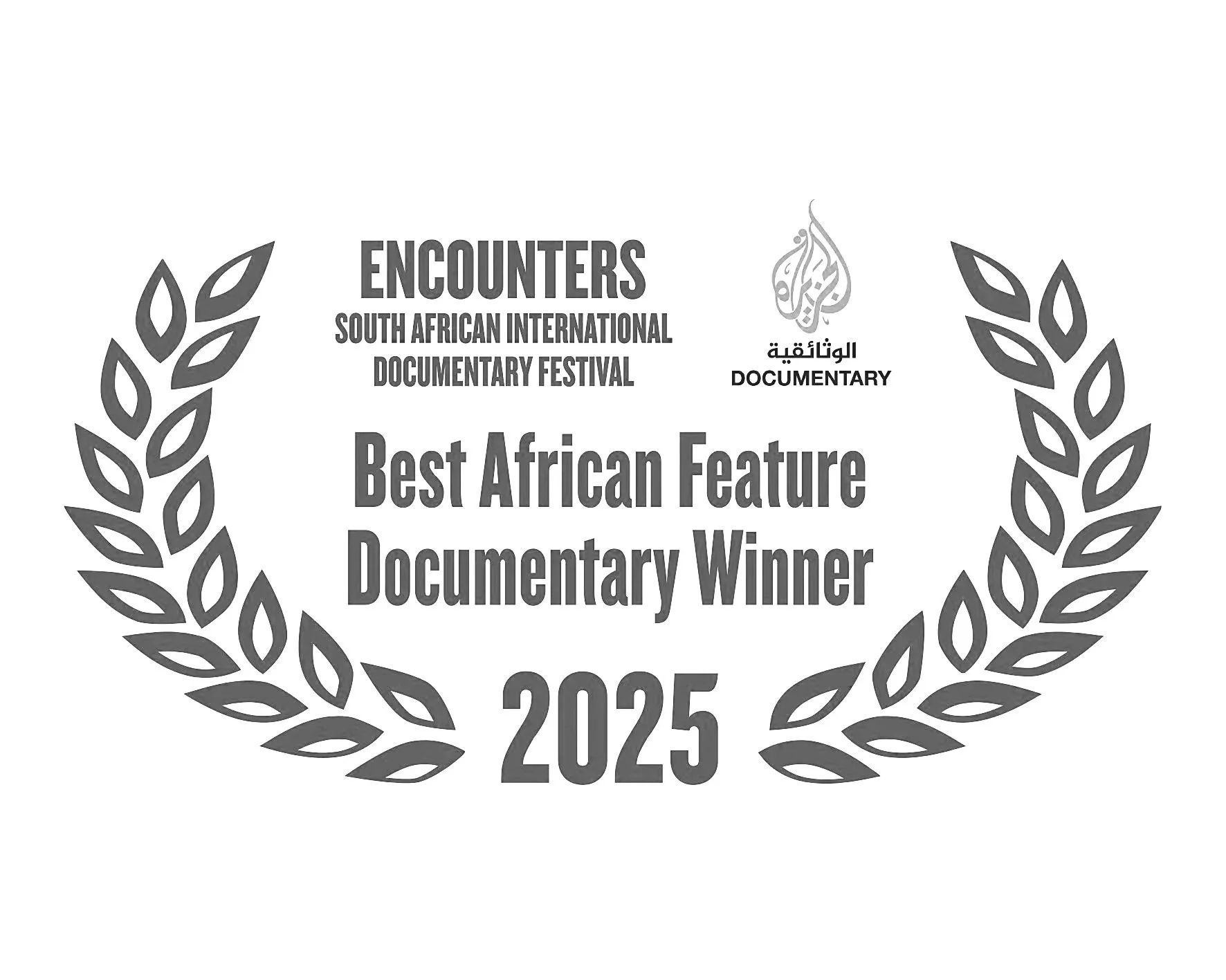 Award certificate for Best African Feature Documentary Winner at the South African International Documentary Festival 2025, with laurel wreath design and festival and documentary logos.