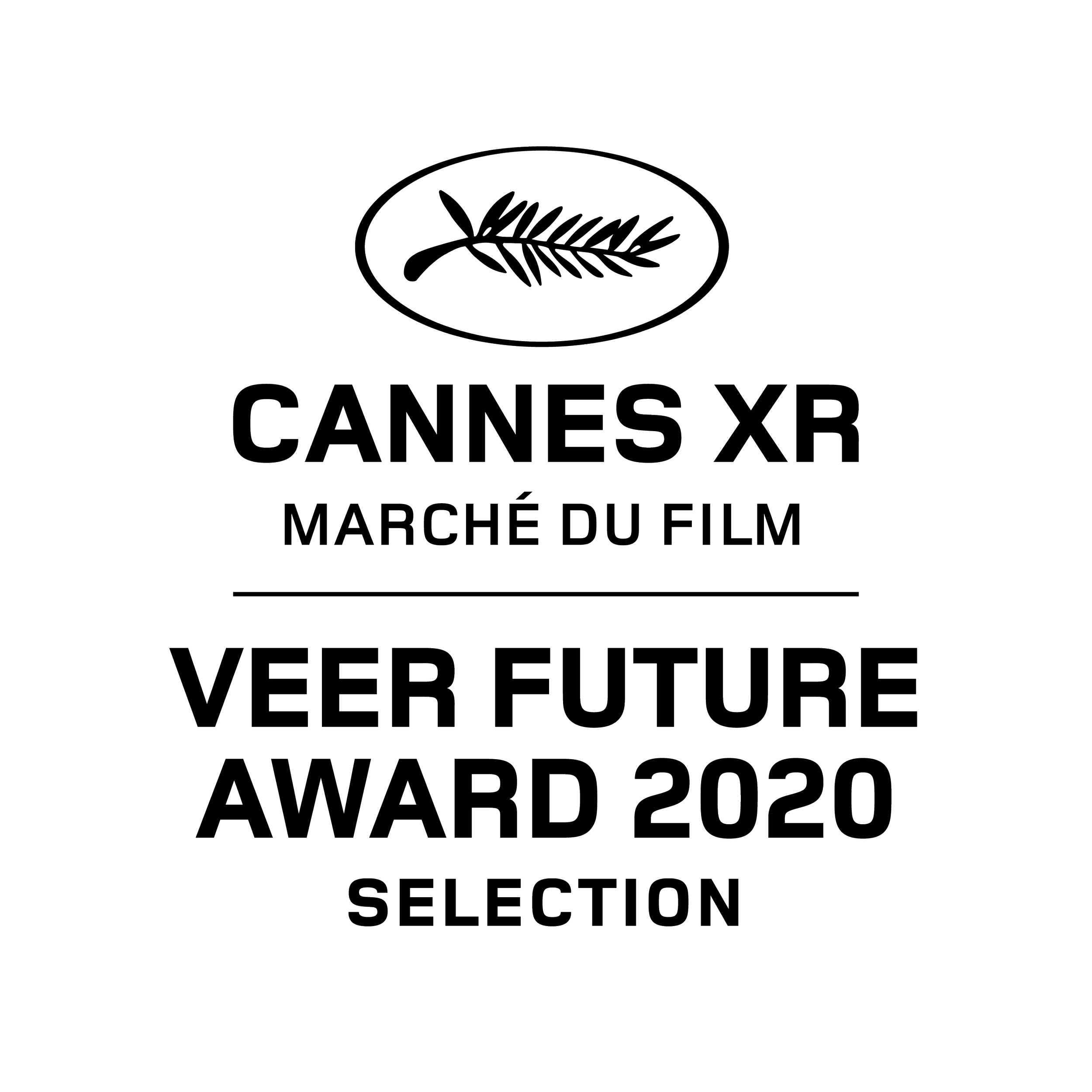 Logo for Cannes XR Marche du Film, Veer Future Award 2020 selection, featuring a stylized leaf within an oval and text in black and white.