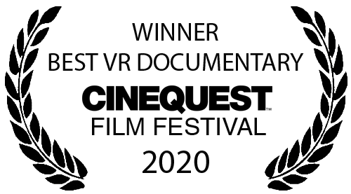 Laurel wreath award with text indicating winner of the Best VR Documentary at the 2020 film festival.